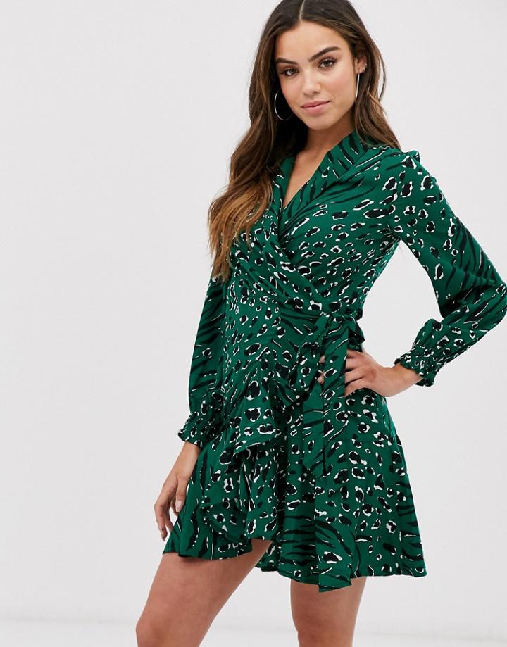 Club L London Animal Wrap Front Shawl Collar Frill Dress-multi