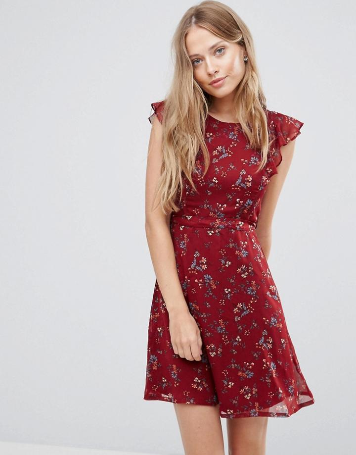 Yumi Frill Sleeve Dress In Mini Floral Print - Red