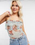 New Look Ruched Bust Mesh Cami In Cherub Print-blues