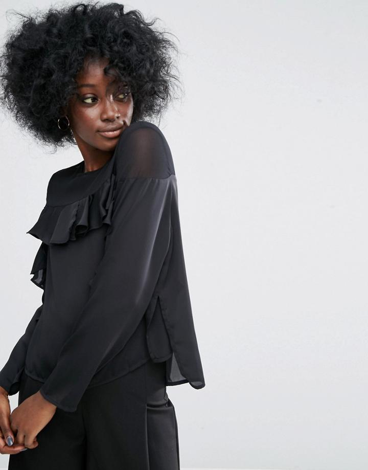 Asos Ruffle Top In Satin With Sheer Panel - Black