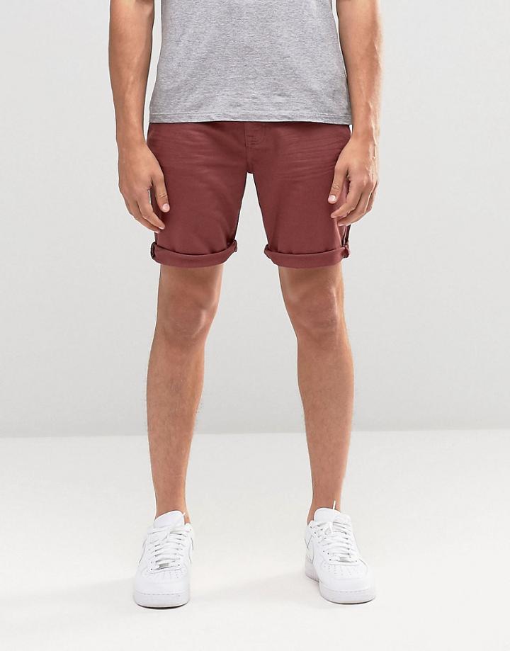 Asos Denim Shorts In Stretch Slim Burgundy - Red