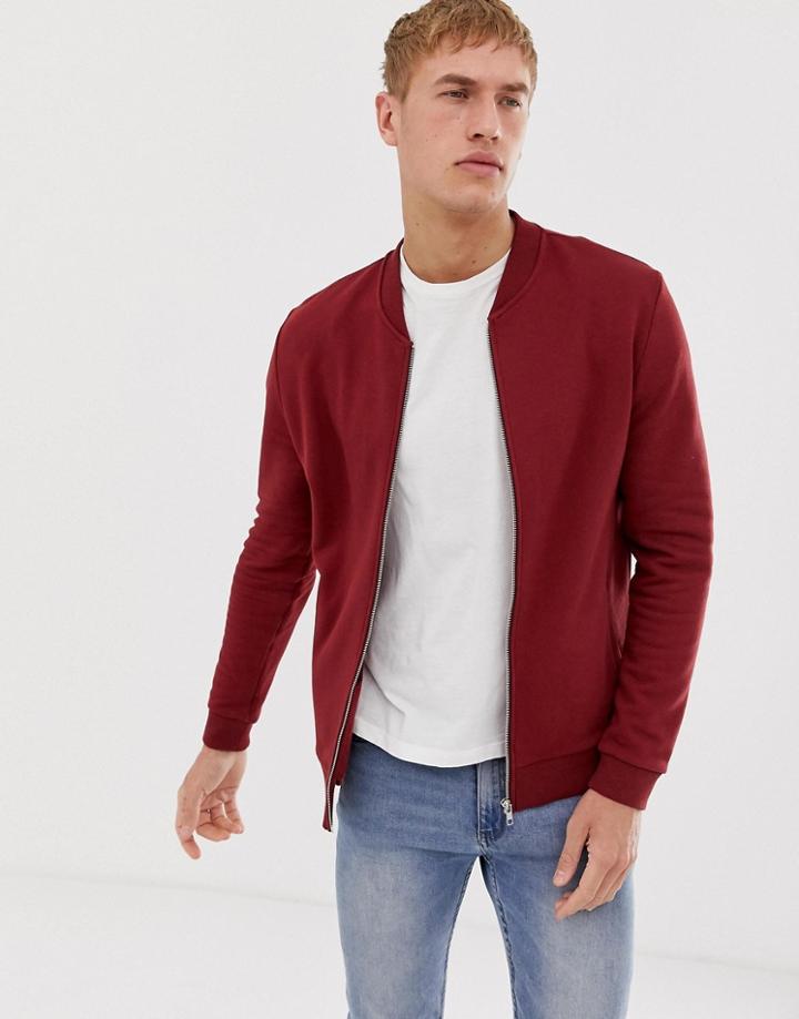 Asos Design Bomber Jersey Jacket In Burgundy-red