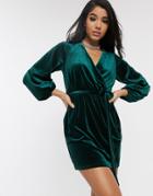 Style Cheat Wrap Front Swing Dress With Bell Sleeves In Green-multi