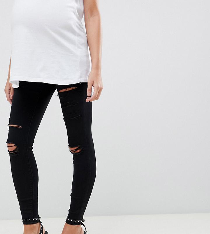 Asos Design Maternity Ridley High Waisted Skinny Jeans In Black With Shredded Rips And Under The Bump Waistband