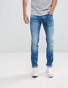 Celio Slim Fit Jeans In Mid Wash Blue With Distressing - Blue