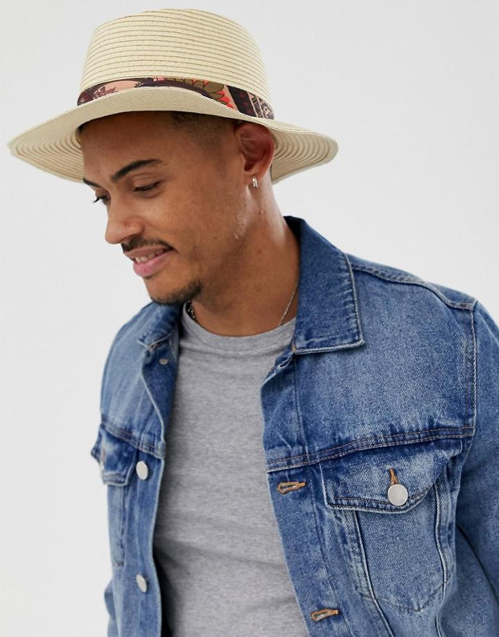 Asos Design Wide Brim Straw Pork Pie Hat With Paisley Band Detail - Beige