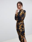 Hope & Ivy Long Sleeve Pencil Dress In Mirrored Floral Print - Multi