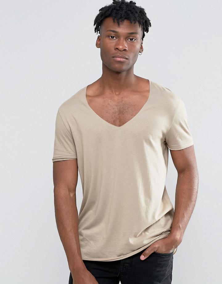 Asos Longline T-shirt With Curved Hem And Raw V-neck In Drape Fabric - Beige