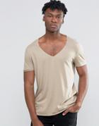 Asos Longline T-shirt With Curved Hem And Raw V-neck In Drape Fabric - Beige