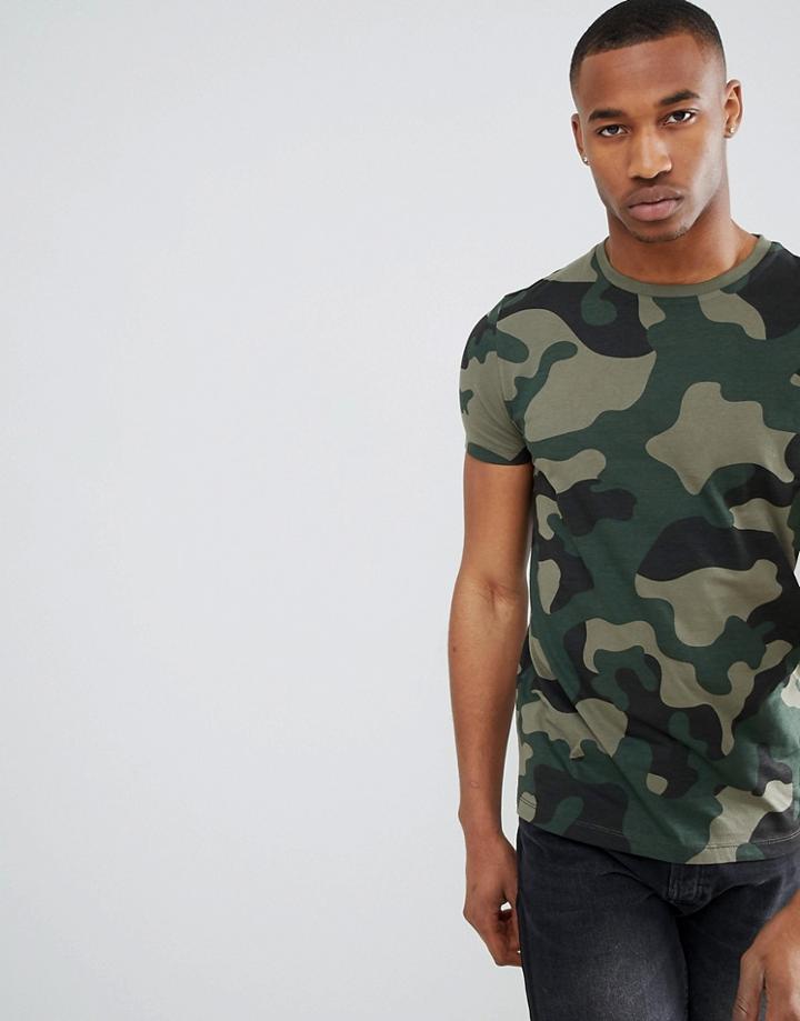 Asos Design T-shirt In All Over Camo Print - Green