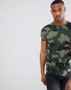 Asos Design T-shirt In All Over Camo Print - Green
