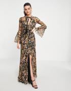 Asos Design Floral Midi Dress With Flared Cuff And Tassle Detail-multi