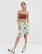 Zya Midi Skirt With Ruched Sides In Floral Print - Blue