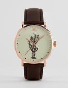 Asos Design Watch With Cactus In Rose Gold - Brown