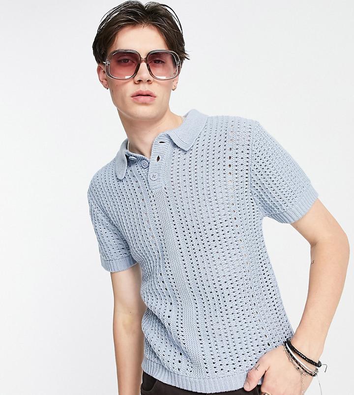 Collusion Knit Crochet Polo Shirt In Baby Blue