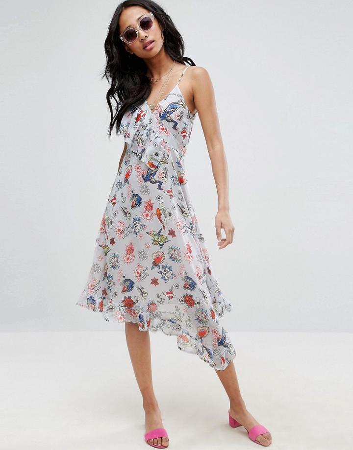 Asos Asymmetric Midi Tea Dress In Tattoo Print - Multi