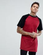 Boohooman Longline T-shirt With Velour Sleeves In Burgundy - Red