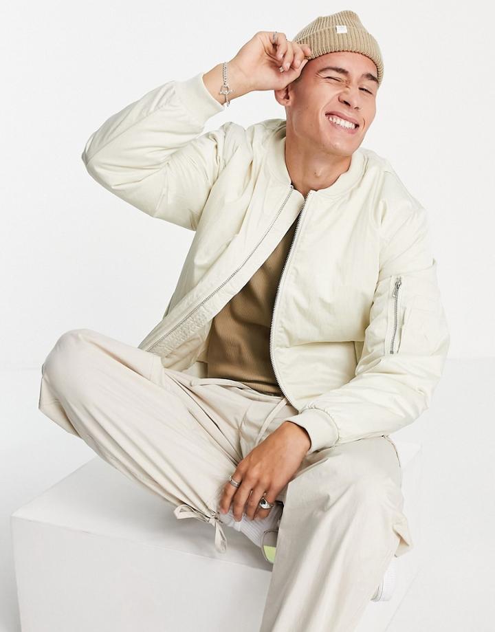 Asos Design Padded Bomber Jacket In Stone With Ma1 Pocket-neutral