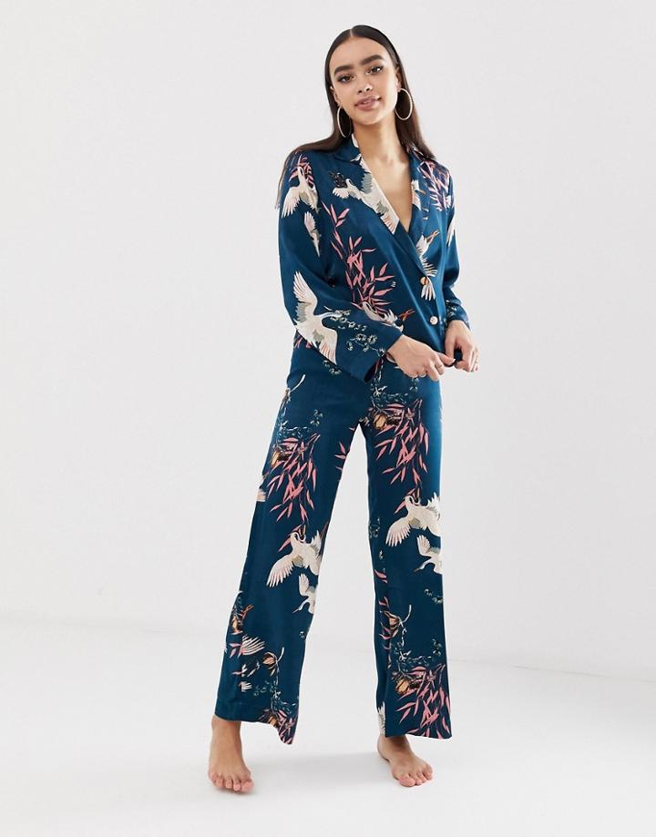 Asos Design Bird Print Double Brested Shirt And Pants Pyjama Set - Blue