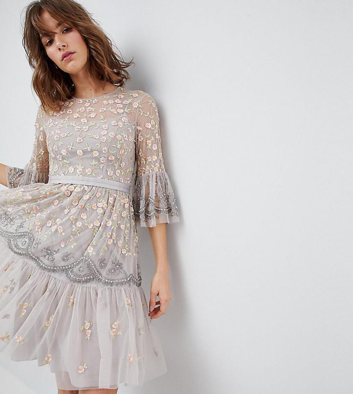 Needle & Thread Allover Embroidered And Embellished Midi Dress With Fluted Sleeves - Beige