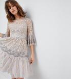 Needle & Thread Allover Embroidered And Embellished Midi Dress With Fluted Sleeves - Beige