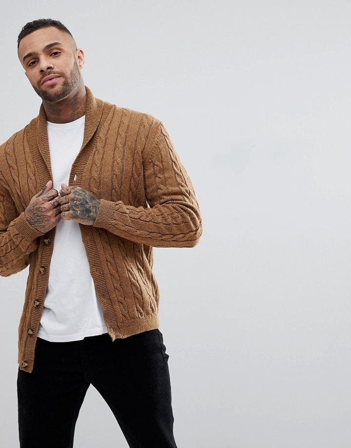 Asos Cable Knit Cardigan With Shawl Collar In Tan - Tan