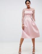 Asos Design 3d Floral Lace Bandeau Scuba Prom Midi Dress-pink