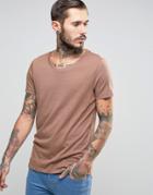 Asos T-shirt With Scoop Neck In Brown Marl - Brown