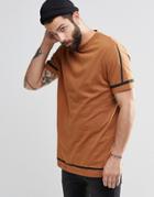 Asos Longline T-shirt With Black Hem And Sleeve Stripe With Wide Neck Trim - Auburn