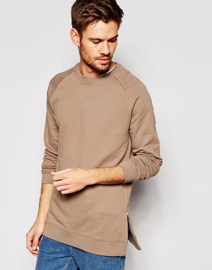 Asos Longline Sweatshirt With Side Zips In Stone - Fossil