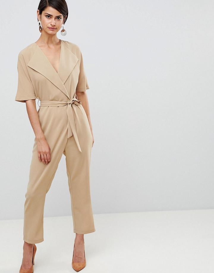 Asos Design Wrap Jumpsuit With Self Belt - Brown
