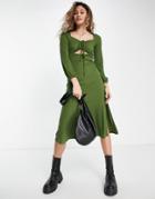 Topshop Premium Rib Jersey Ruched Front Midi Dress In Khaki-green