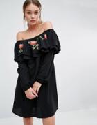 New Look Bardot Embroidered Smock Dress - Black