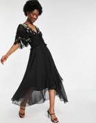 Asos Design Flutter Sleeve Midi Dress With Pleated Waist And Floral Embrodiery-black