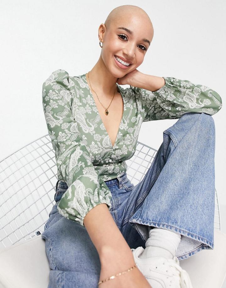 Stradivarius Satin Button Detail Romantic Blouse In Green Paisley Print