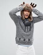Asos Holidays Sweater In Lambswool With Stag Design - Gray