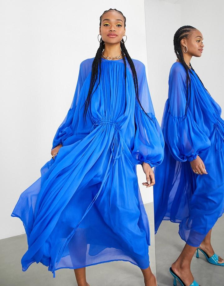 Asos Edition Gathered Neck Midi Dress In Bright Blue-blues