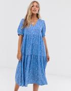 Vero Moda Aware Smudge Print Puff Sleeve Maxi Smock Dress - Blue