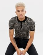 River Island Muscle Polo In Gold Jacquard - Gold