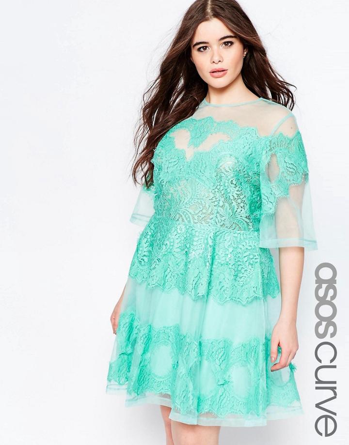 Asos Curve Sheer A-line Dress With Short Sleeves And Lace - Mint