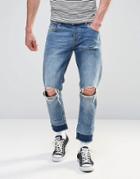 Asos Slim Cropped Jeans With Knee Rips In Light Wash - Light Blue