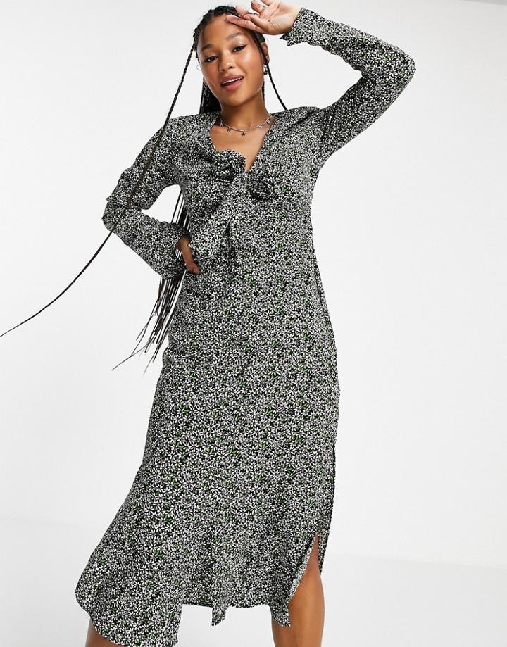 Asos Design Tie Front Midi Dress In Black Floral Print-multi