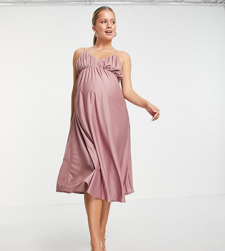 Asos Design Maternity Spaghetti Strap Ruched Bust Midi Dress In Rose-pink