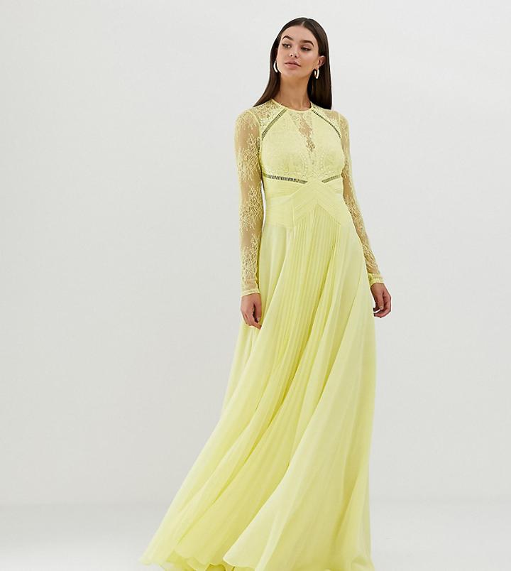Asos Design Tall Long Sleeve Lace Paneled Pleat Maxi Dress - Multi