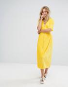 Monki Velvet Pleated Drawstring Midi Skirt - Yellow