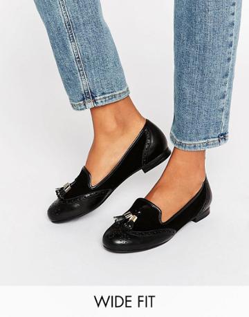 Dune Wide Fit Loki Black Leather Mix Loafers - Black