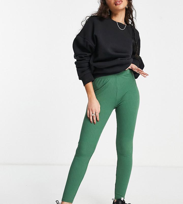 Asos Design Petite Legging In Rib In Khaki-green