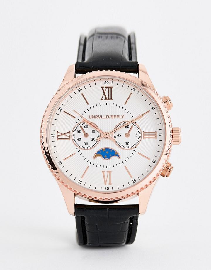 Asos Design Watch In Black And Rose Gold With Sub Dials And Roman Numerals - Black