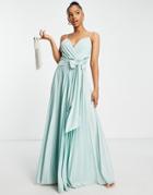 Asos Design Polyester Cami Plunge Tie Front Pleated Maxi Dress In Plain Duck Egg - Mblue