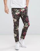 Asos Super Skinny Pants In Bright Floral Leaf Print - Black